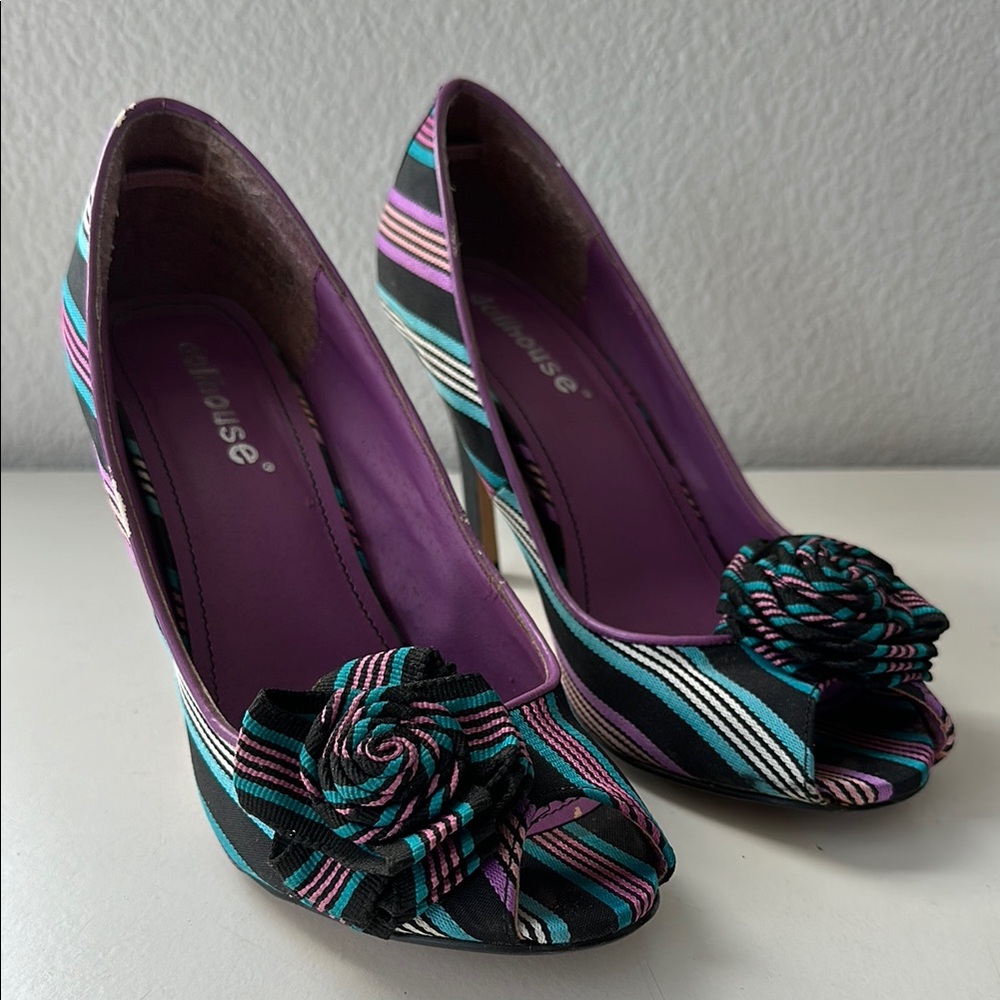 Dollhouse Women's Striped Purple Peep Toe Heels